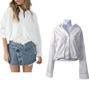 PARKE White Bubble Down Cropped Blouson Poplin Shirt